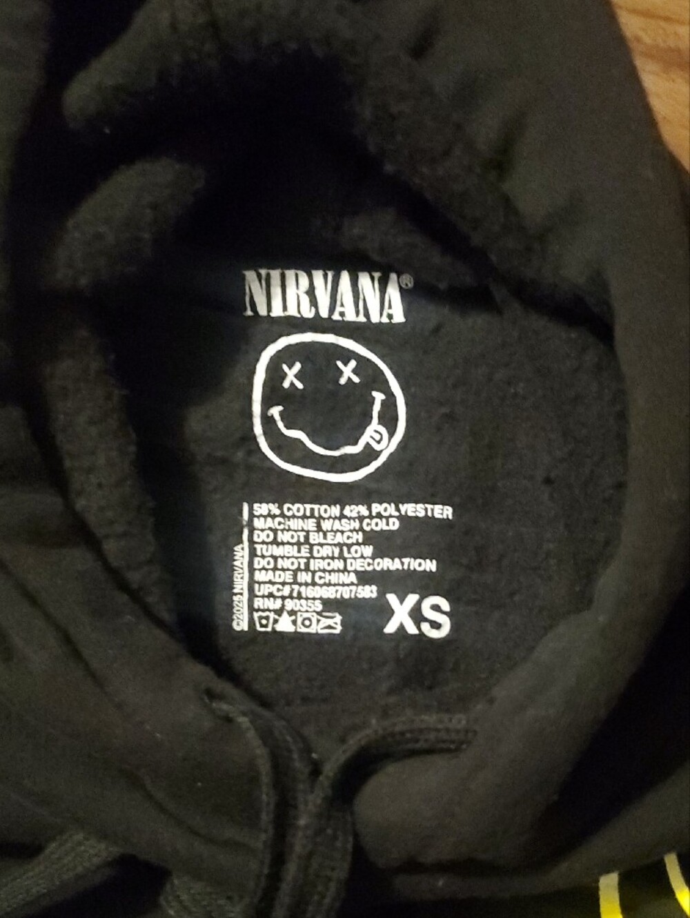 NIRVANA Black Hoodie with Yellow Smiley and Sleeve Text - Picture 2 of 7